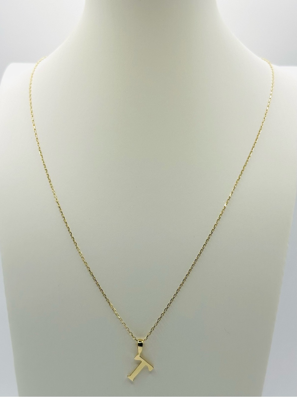 14K Solid Gold T Initial Pendant Necklace 18" 1mm Forze Chain 585